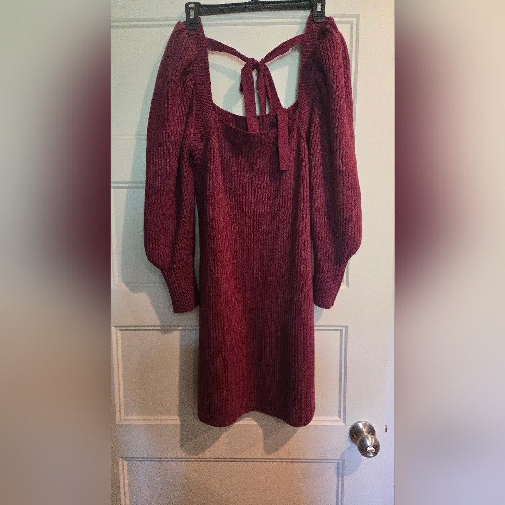 Wayf Red Tie Front Sheath Dress with Bishop Sleeves